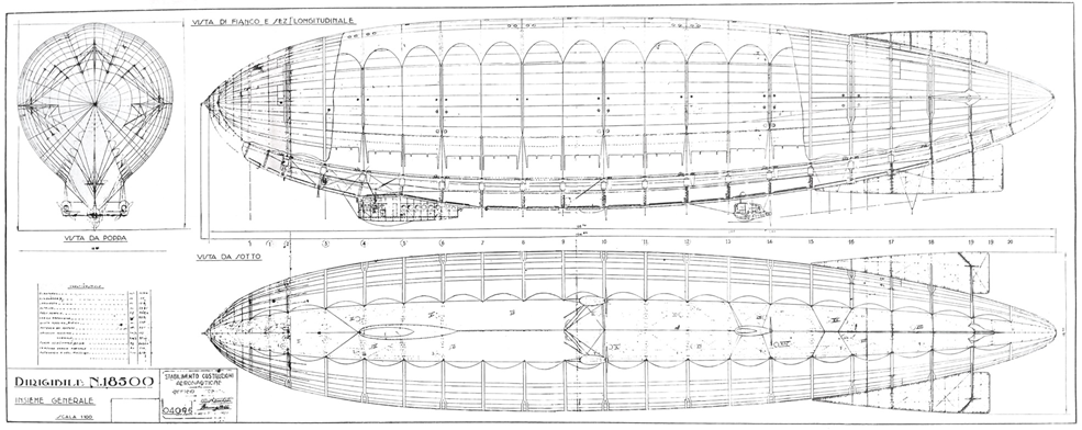 Dirigibile ITALIA - Insieme generale - Disegno originale dell'Ing. Felice Trojani, coprogettista insieme al Gen. Umberto Nobile.